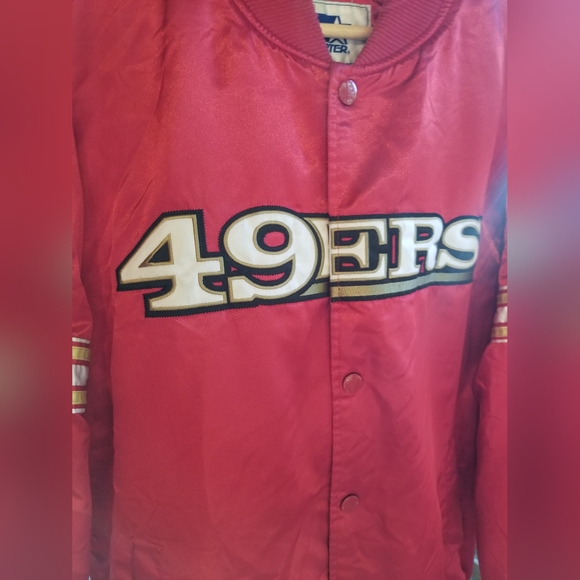 Football Jacket 49ers Starter Large Rare Snap Up Red Gold Winter Coat Shiny - Picture 8 of 15